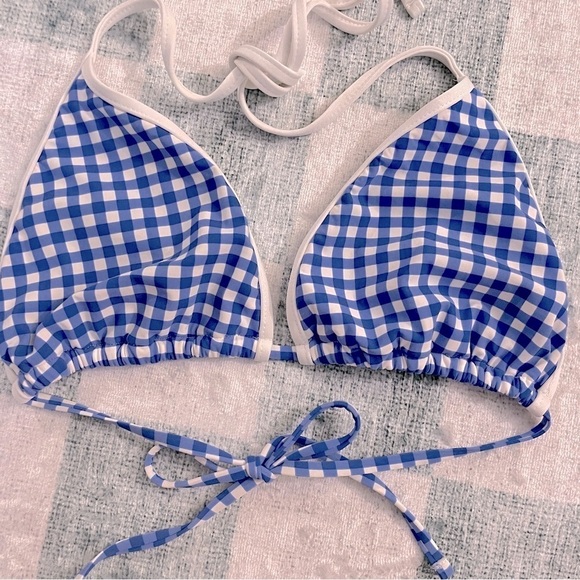 Ralph Lauren Blue Gingham Triangle String Bikini Top Large - Picture 1 of 11